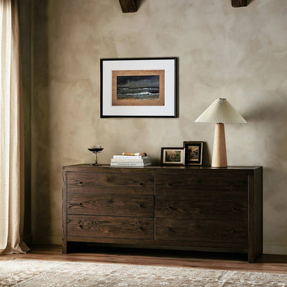 Torrington 6 Drawer Dresser by Four Hands in umber oak, umber oak veneer and umber oak. Made from resawn oak, oak veneer in a modern style.