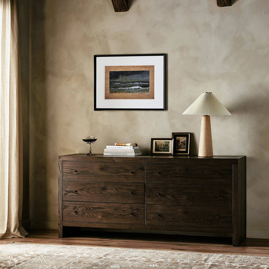 Torrington 6 Drawer Dresser by Four Hands in umber oak, umber oak veneer and umber oak. Made from resawn oak, oak veneer in a modern style.