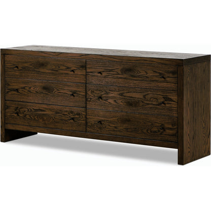 Torrington 6 Drawer Dresser by Four Hands in umber oak, umber oak veneer and umber oak. Made from resawn oak, oak veneer in a modern style.