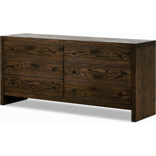 Torrington 6 Drawer Dresser by Four Hands in umber oak, umber oak veneer and umber oak. Made from resawn oak, oak veneer in a modern style.