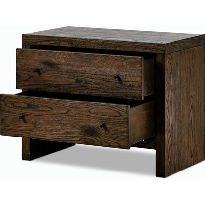 Torrington Charging Nightstand by Four Hands in umber oak, umber oak veneer and umber oak. Made from resawn oak, oak veneer in a modern style.