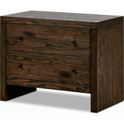 Torrington Charging Nightstand by Four Hands in umber oak, umber oak veneer and umber oak. Made from resawn oak, oak veneer in a modern style.