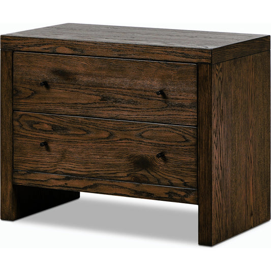 Torrington Charging Nightstand by Four Hands in umber oak, umber oak veneer and umber oak. Made from resawn oak, oak veneer in a modern style.