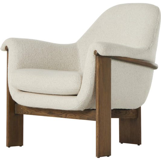 Santoro Chair by Four Hands in harrow ivory and lamont oak. Made from 47% polyester, 18% viscose, 30% acrylic, 5% linen, solid oak, 100% polyester in a modern style.