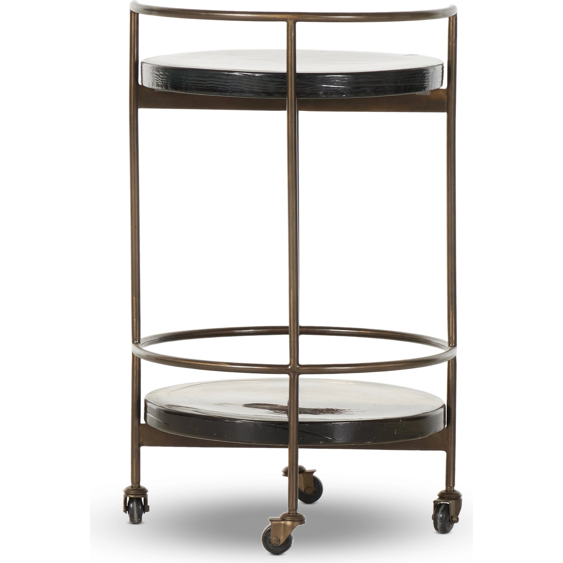 Mira Bar Cart by Four Hands in dark brass, smoked brown. Made from iron, cast glass in a modern style.