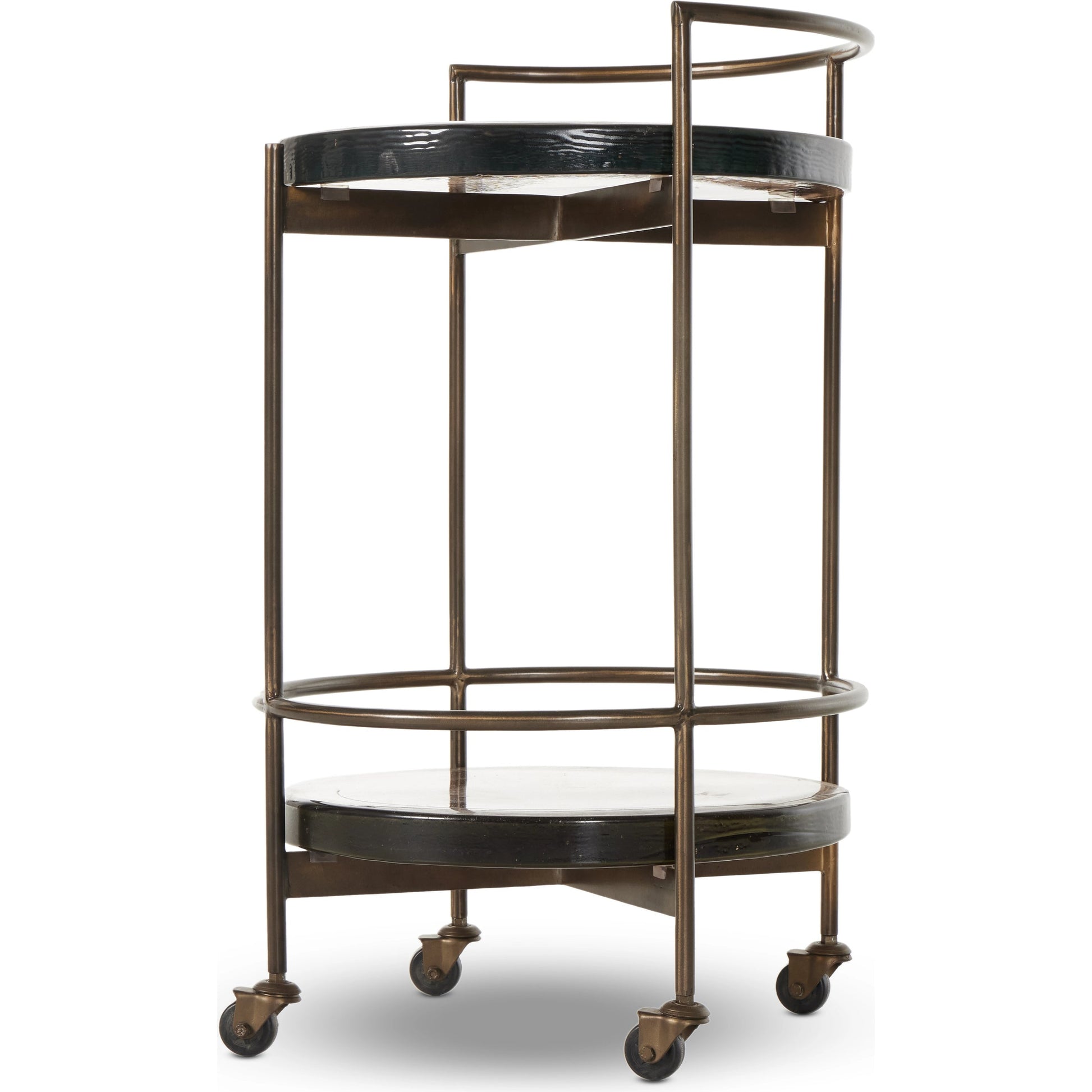 Mira Bar Cart by Four Hands in dark brass, smoked brown. Made from iron, cast glass in a modern style.