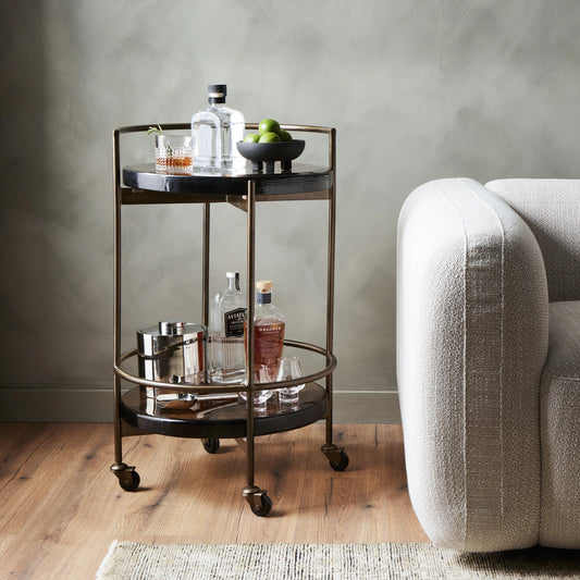 Mira Bar Cart by Four Hands in dark brass, smoked brown. Made from iron, cast glass in a modern style.