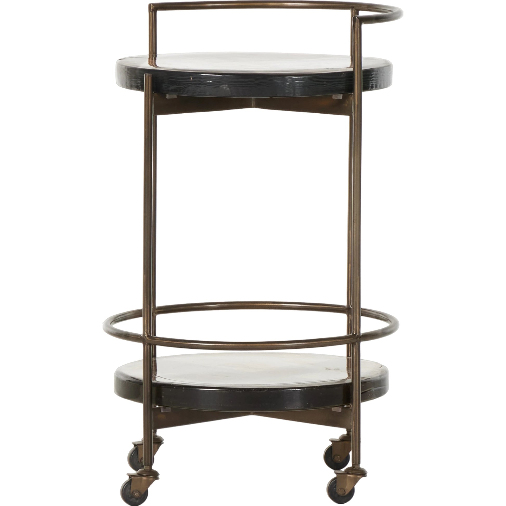 Mira Bar Cart by Four Hands in dark brass, smoked brown. Made from iron, cast glass in a modern style.