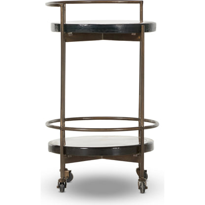 Mira Bar Cart by Four Hands in dark brass, smoked brown. Made from iron, cast glass in a modern style.