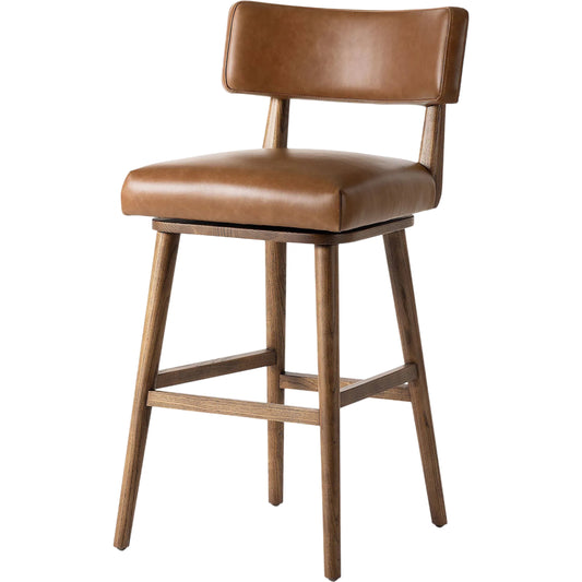 Cardell Swivel Bar Stool by Four Hands in sonoma chestnut, tan nettlewood. Made from top grain leather, solid nettlewood in a traditional style.