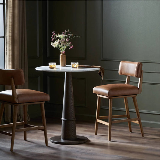Cardell Swivel Counter Stool by Four Hands in sonoma chestnut, tan nettlewood. Made from top grain leather, solid nettlewood in a traditional style.