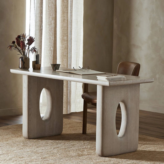 Eliza Desk by Four Hands in cream marble, white oak. Made from solid marble, solid oak, engineered hardwood in a modern style.