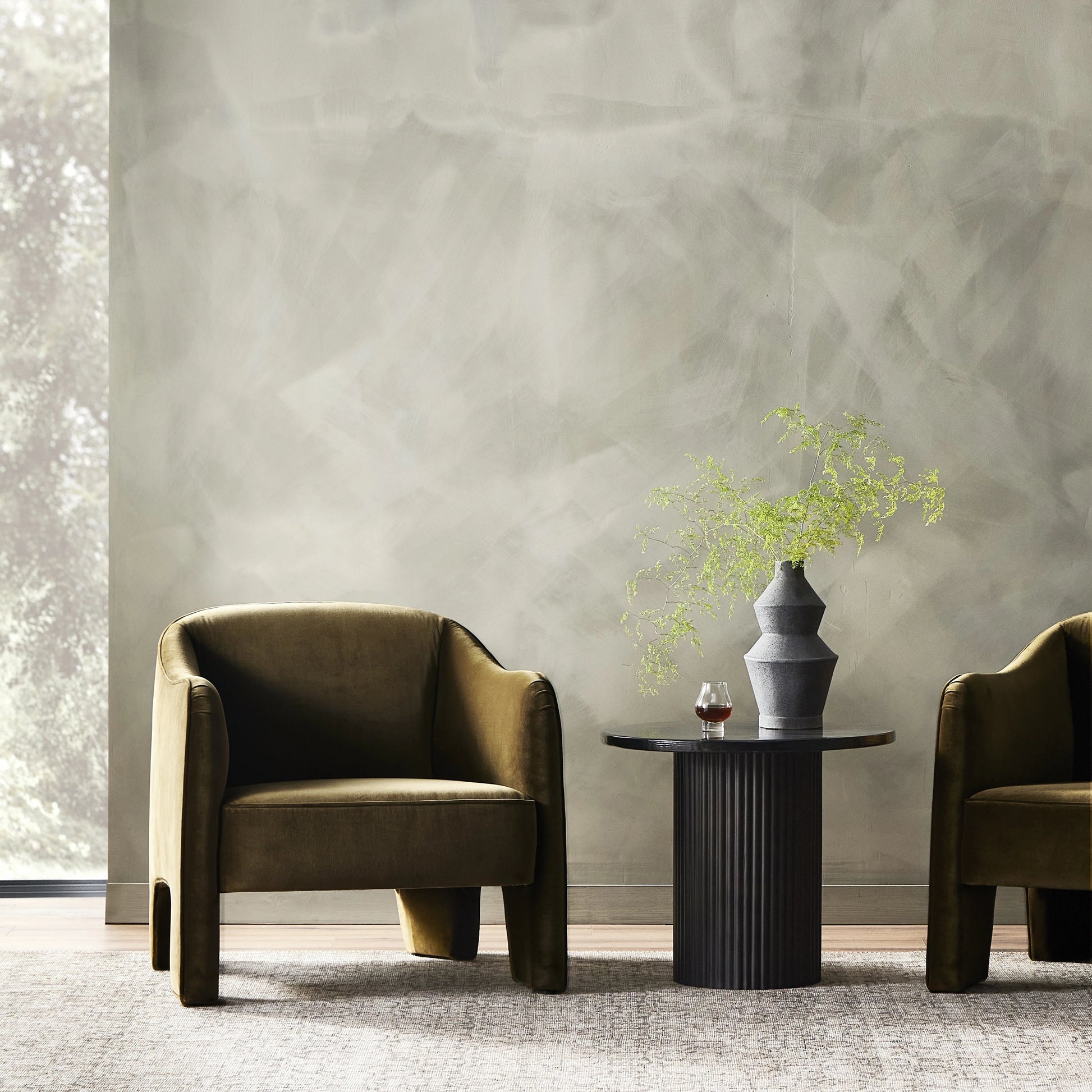 Sully Chair by Four Hands in surrey moss. Made from 76.8% cotton, 23.2% polyester, poplar plywood, 100% polyester in a modern style.