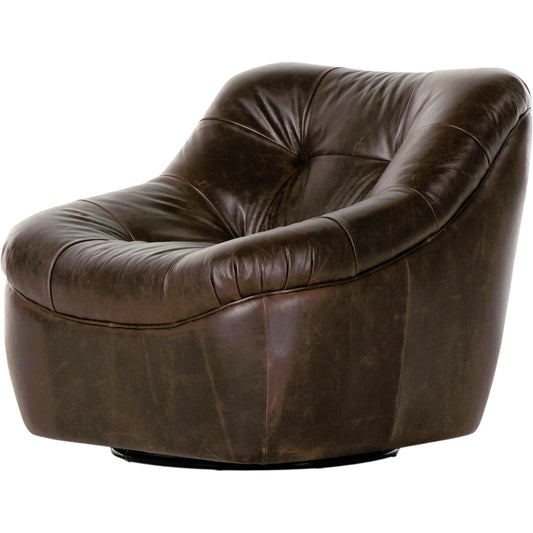 Farley Swivel Chair by Four Hands in conroe cigar. Made from top grain leather, poplar plywood, 100% polyester in a traditional style.