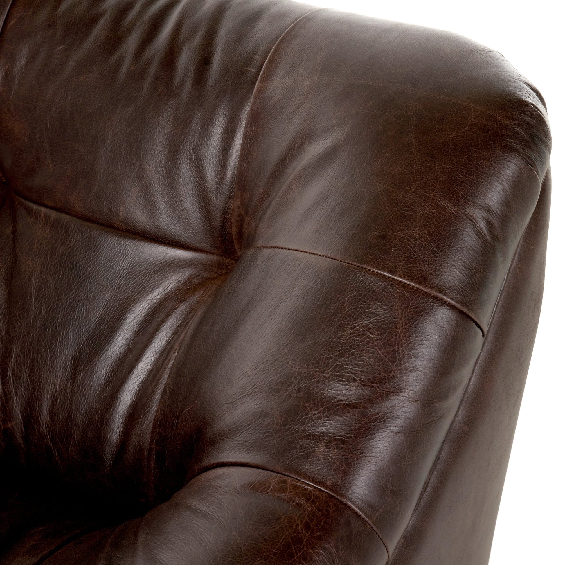 Farley Swivel Chair by Four Hands in conroe cigar. Made from top grain leather, poplar plywood, 100% polyester in a traditional style.