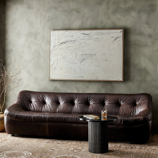 Farley Sofa by Four Hands in conroe cigar. Made from top grain leather, poplar plywood, 100% polyester in a traditional style.