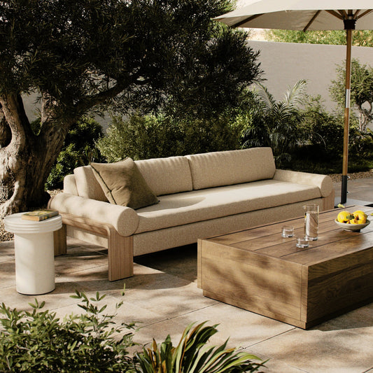 Joette Outdoor Sofa by Four Hands. Made from 100% olefin, solid fsc®-certified teak, 59% polyurethane foam, 30% polyester fiber, 11% polyester fiber batting in a modern style.