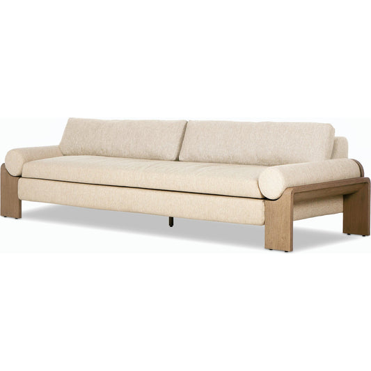 Joette Outdoor Sofa by Four Hands. Made from 100% olefin, solid fsc®-certified teak, 59% polyurethane foam, 30% polyester fiber, 11% polyester fiber batting in a modern style.