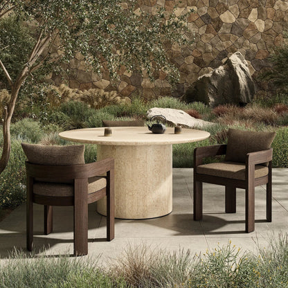 Jackson Outdoor Dining Chair by Four Hands. Made from 100% olefin, solid fsc®-certified teak, 90% polyester fiber, 10% polyester fiber batting in a modern style.