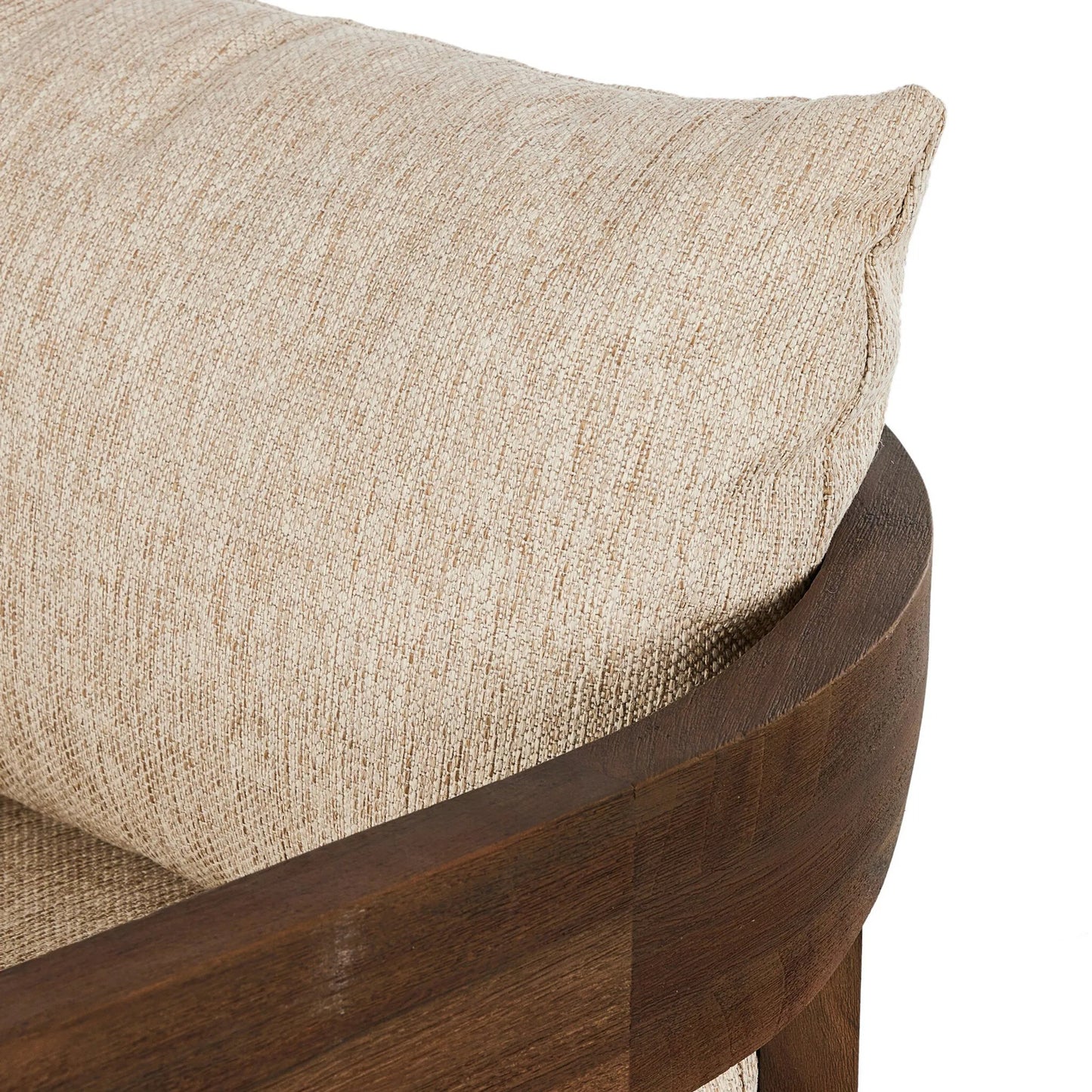 020 SI-2257095 | Closeup | Jackson Outdoor Dining Chair by Four Hands. Made from 100% olefin, solid fsc®-certified teak, 90% polyester fiber, 10% polyester fiber batting in a modern style.