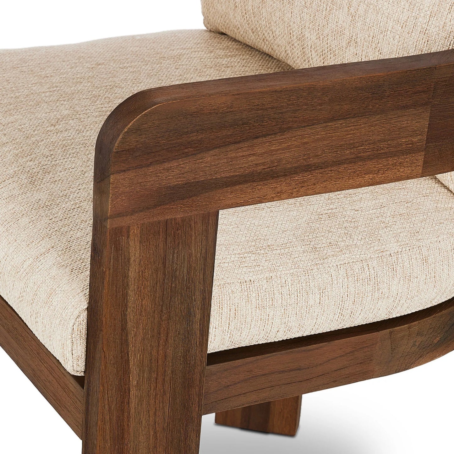 021 SI-2257095 | Closeup | Jackson Outdoor Dining Chair by Four Hands. Made from 100% olefin, solid fsc®-certified teak, 90% polyester fiber, 10% polyester fiber batting in a modern style.