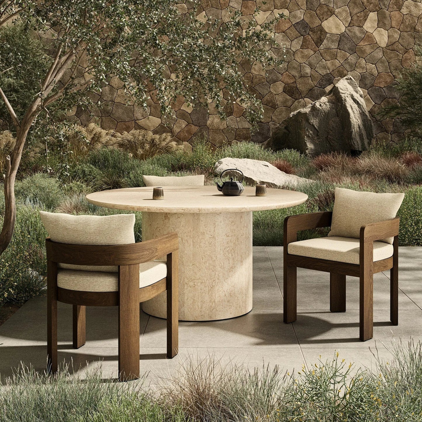 029 SI-2257095 | Lifestyle | Jackson Outdoor Dining Chair by Four Hands. Made from 100% olefin, solid fsc®-certified teak, 90% polyester fiber, 10% polyester fiber batting in a modern style.