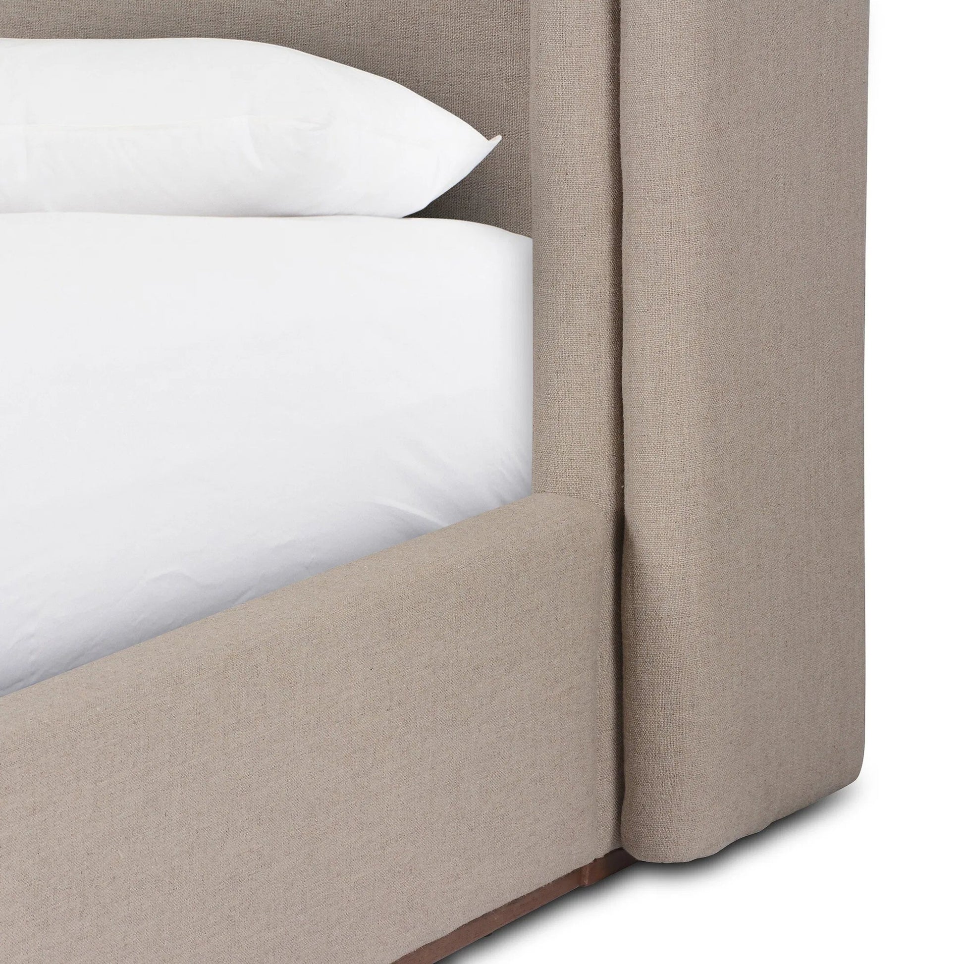 Octavia Bed by Four Hands in alcala taupe, almond. Made from 70% polyester, 20% viscose (rayon), 10% flax/linen, solid parawood in a transitional style.