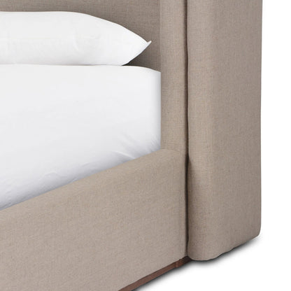 Octavia Bed by Four Hands in alcala taupe, almond. Made from 70% polyester, 20% viscose (rayon), 10% flax/linen, solid parawood in a transitional style.