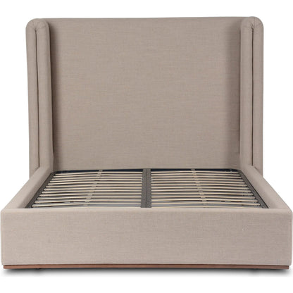 Octavia Bed by Four Hands in alcala taupe, almond. Made from 70% polyester, 20% viscose (rayon), 10% flax/linen, solid parawood in a transitional style.