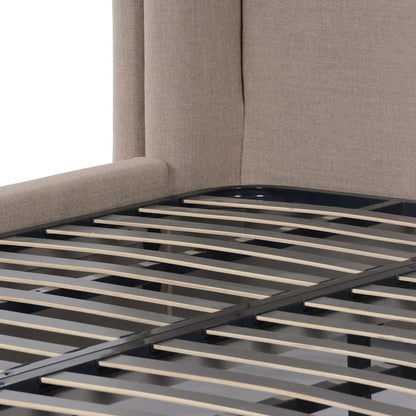 Octavia Bed by Four Hands in alcala taupe, almond. Made from 70% polyester, 20% viscose (rayon), 10% flax/linen, solid parawood in a transitional style.