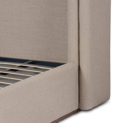 Octavia Bed by Four Hands in alcala taupe, almond. Made from 70% polyester, 20% viscose (rayon), 10% flax/linen, solid parawood in a transitional style.