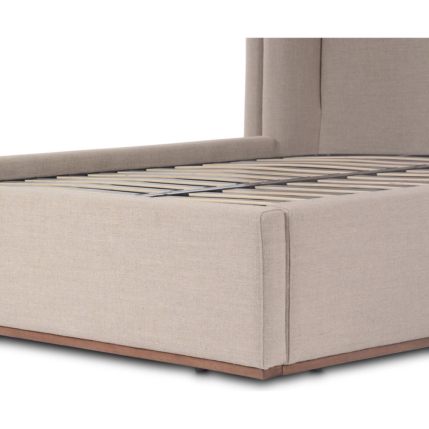 011 SI-2320199 | Closeup | Octavia Bed by Four Hands in alcala taupe, almond. Made from 70% polyester, 20% viscose (rayon), 10% flax/linen, solid parawood in a transitional style.