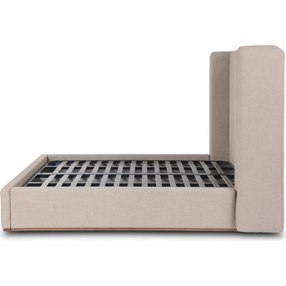 Octavia Bed by Four Hands in alcala taupe, almond. Made from 70% polyester, 20% viscose (rayon), 10% flax/linen, solid parawood in a transitional style.