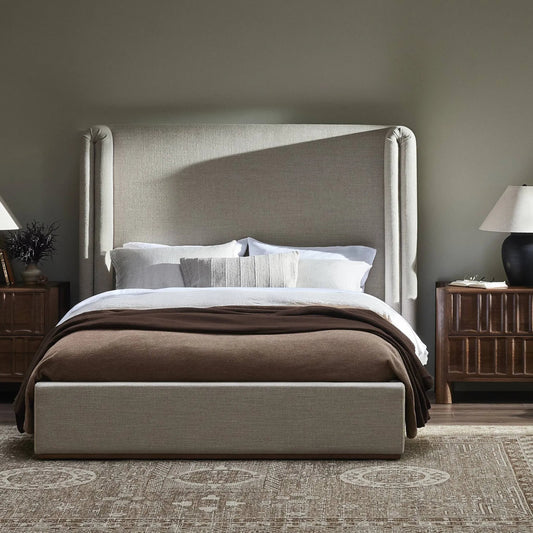 Octavia Bed by Four Hands in alcala taupe, almond. Made from 70% polyester, 20% viscose (rayon), 10% flax/linen, solid parawood in a unique style.