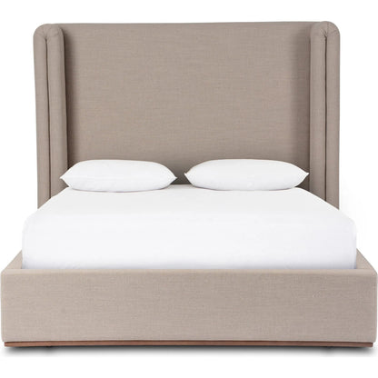 Octavia Bed by Four Hands in alcala taupe, almond. Made from 70% polyester, 20% viscose (rayon), 10% flax/linen, solid parawood in a transitional style.