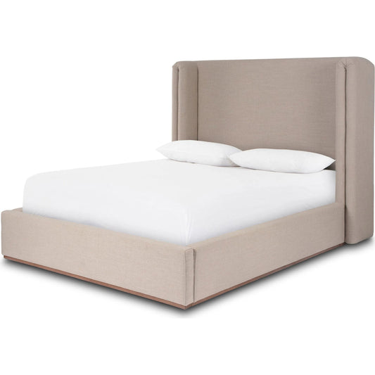 Octavia Bed by Four Hands in alcala taupe, almond. Made from 70% polyester, 20% viscose (rayon), 10% flax/linen, solid parawood in a unique style.