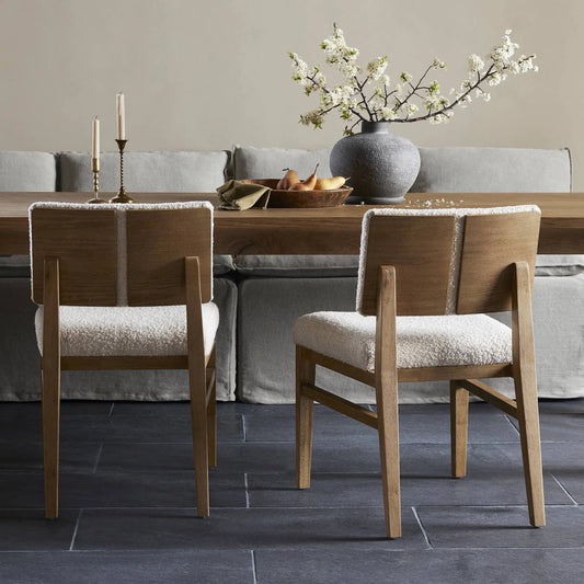 Carlo Dining Chair by Four Hands in somerton ash, toasted oak. Made from 95% polyester, 5% acrylic, solid oak, oak veneer in a unique style.