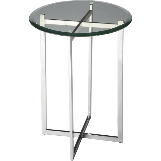 Finn Modern Accent Table by Butler Specialty Company in silver and nickel. Made from stainless steel, glass in a modern style.