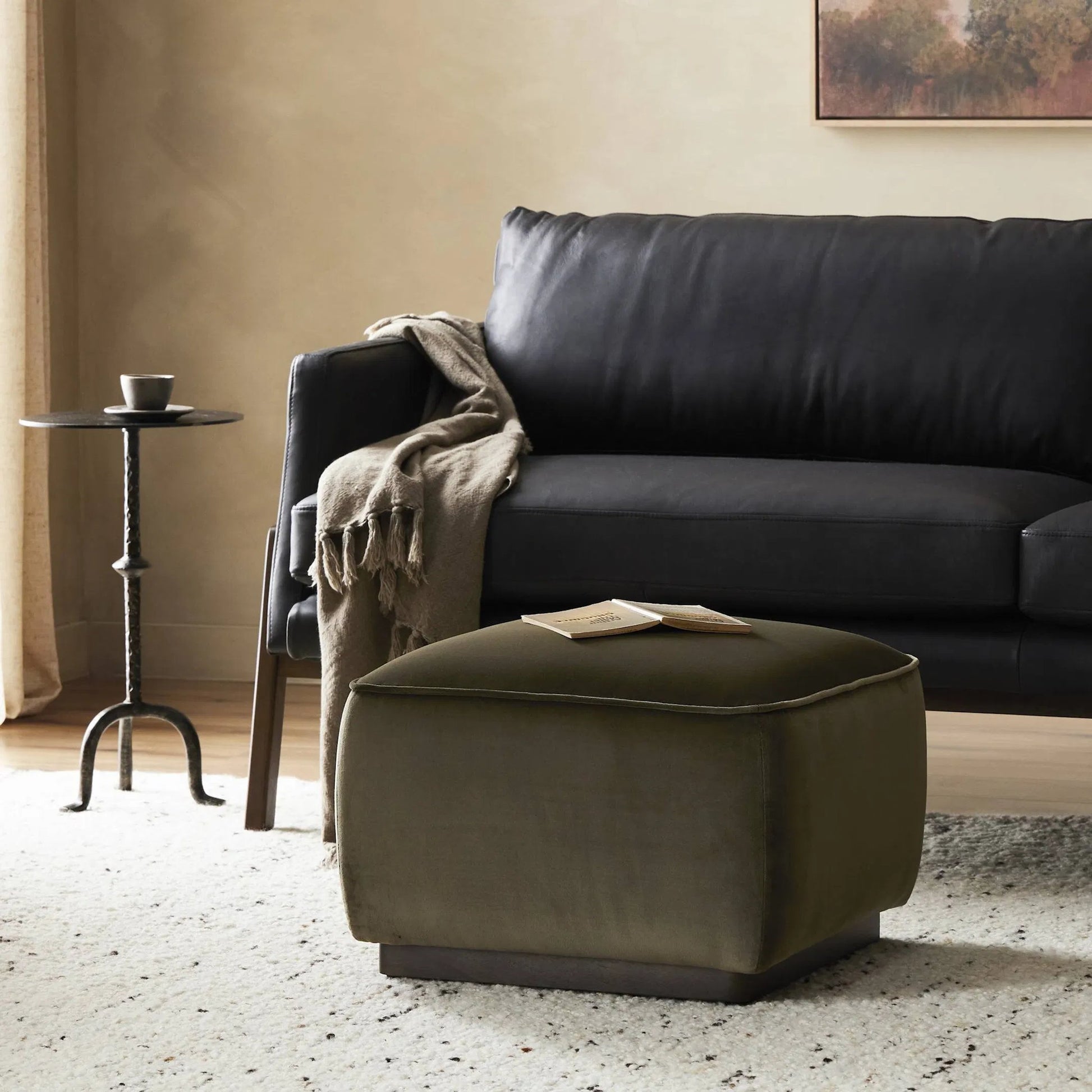 Sinclair Square Ottoman-21" by Four Hands in palermo butterscotch, distressed natural. Made from top grain leather, solid parawood, 100% polyester in a modern style.