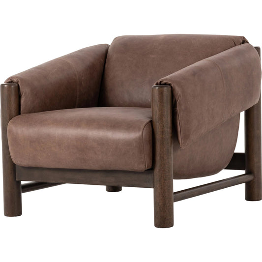 Boden Chair by Four Hands in palermo cigar and terra brown. Made from top grain leather, solid parawood, 75% cotton, 25% flax, linen in a modern style.