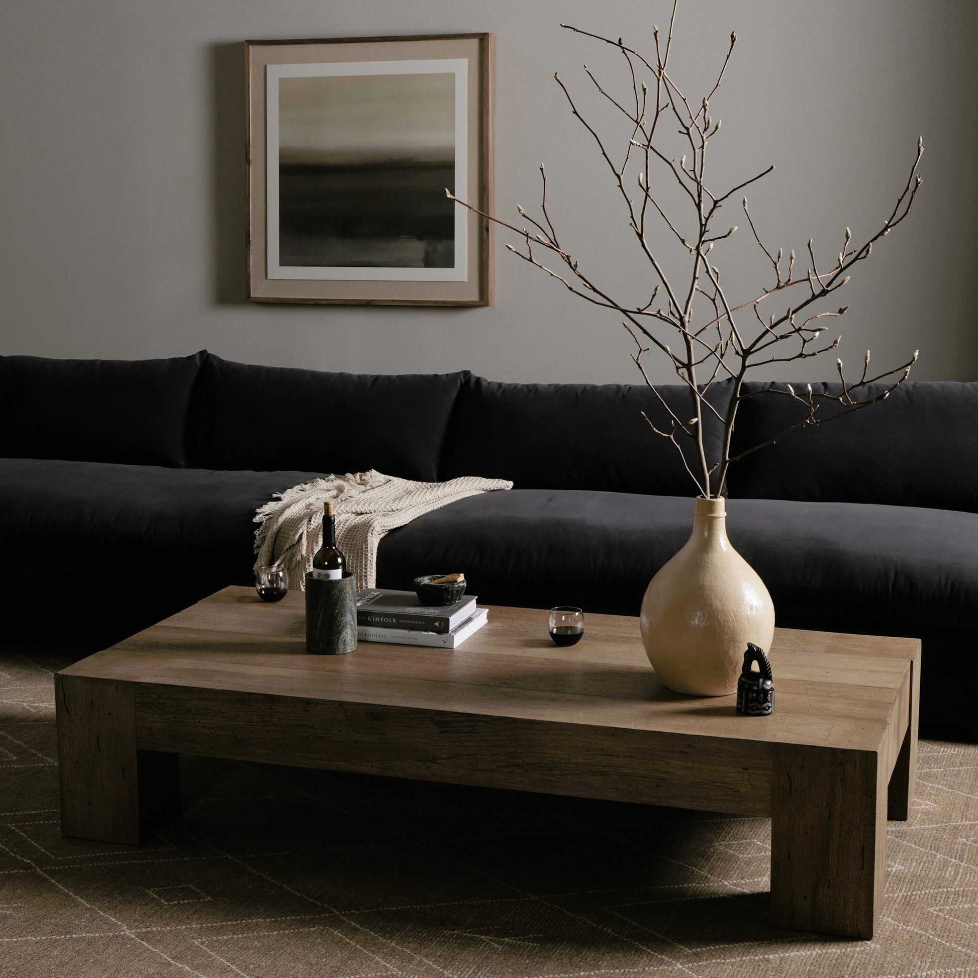 Abaso Rectangular Coffee Table by Four Hands. Made from thick oak veneer, engineered hardwood in a modern style.