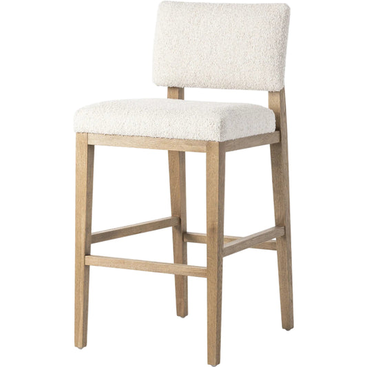 Carlo Bar Stool by Four Hands in somerton ash, toasted oak, toasted oak veneer. Made from 95% polyester, 5% acrylic, solid oak, oak veneer in a modern style.