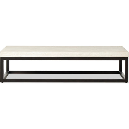 The Rectangular Coffee Table by Four Hands in travertine, bronze pebble texture. Made from solid travertine, iron in a modern style.