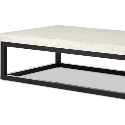 The Rectangular Coffee Table by Four Hands in travertine, bronze pebble texture. Made from solid travertine, iron in a modern style.