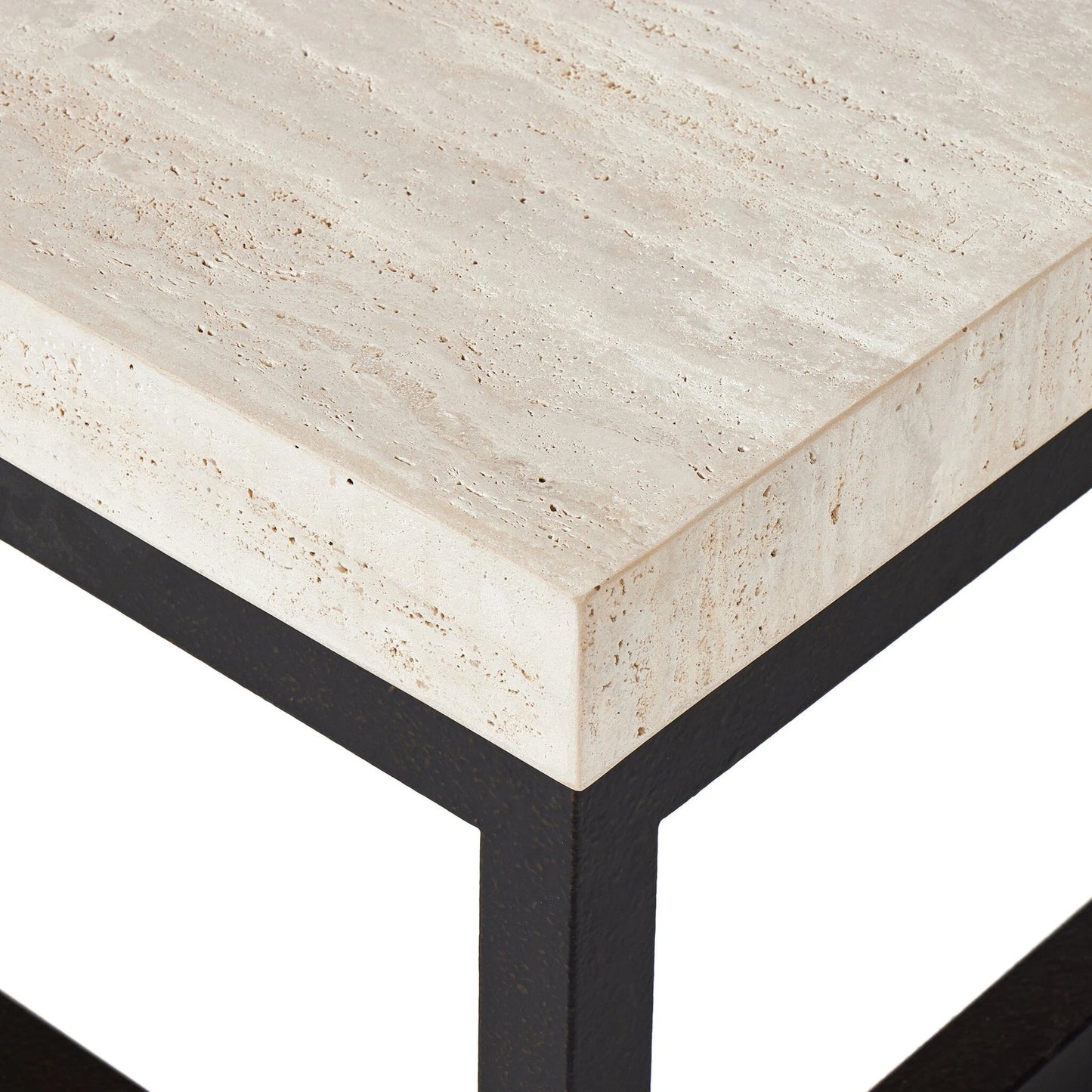 008 SI-2137646 | Closeup | The Rectangular Coffee Table by Four Hands in travertine, bronze pebble texture. Made from solid travertine, iron in a modern style.