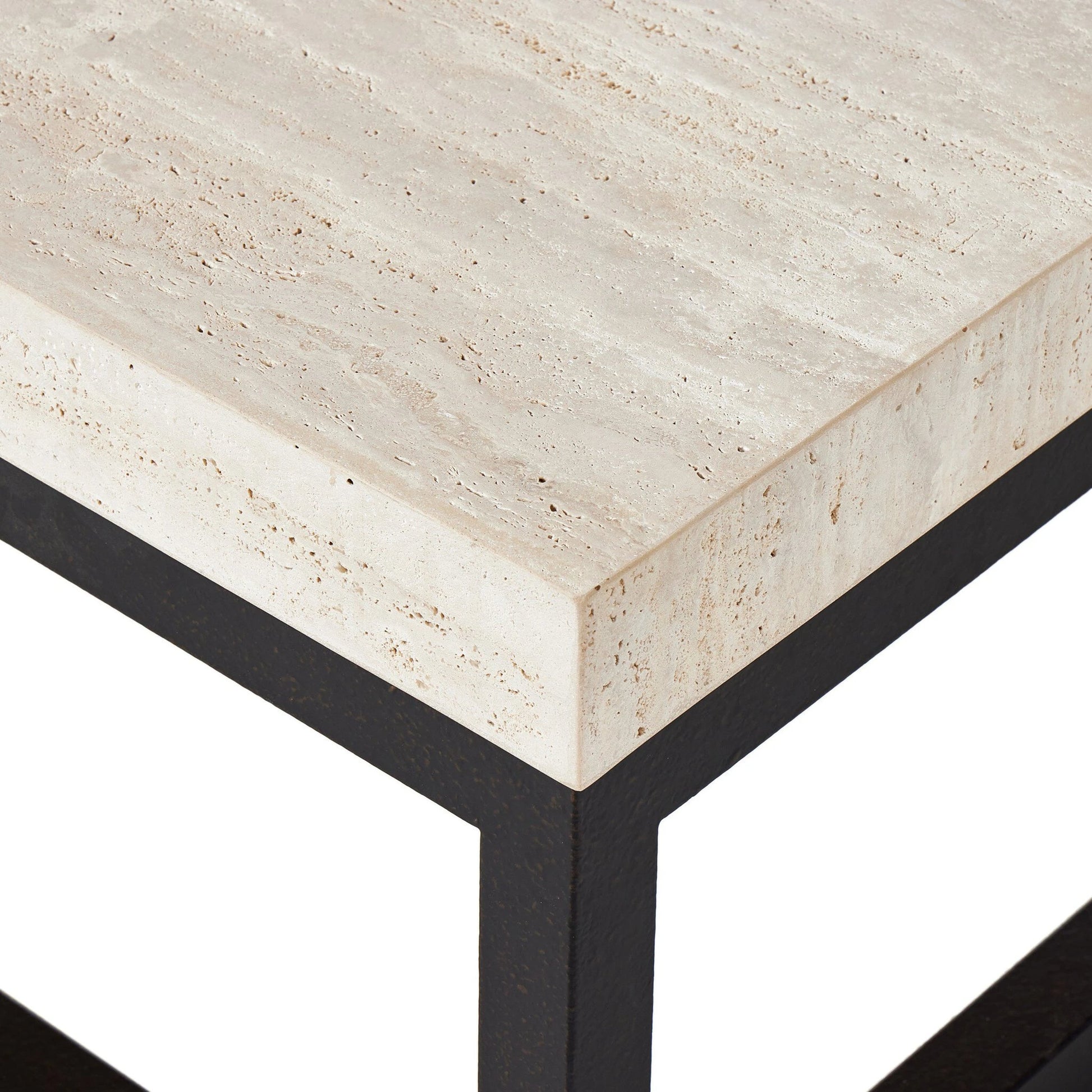 The Rectangular Coffee Table by Four Hands in travertine, bronze pebble texture. Made from solid travertine, iron in a modern style.