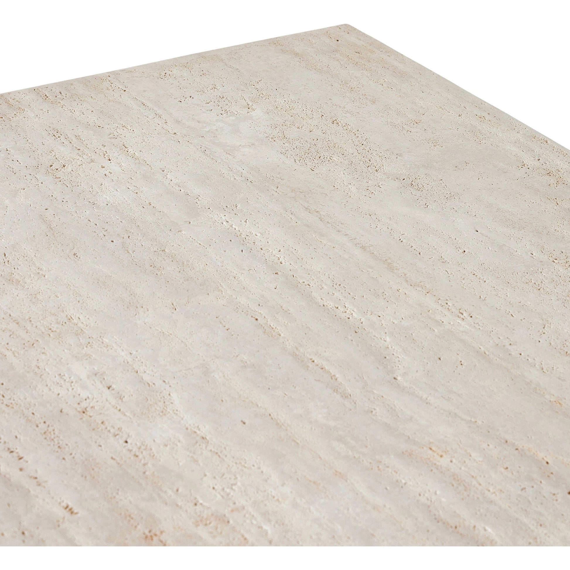 The Rectangular Coffee Table by Four Hands in travertine, bronze pebble texture. Made from solid travertine, iron in a modern style.