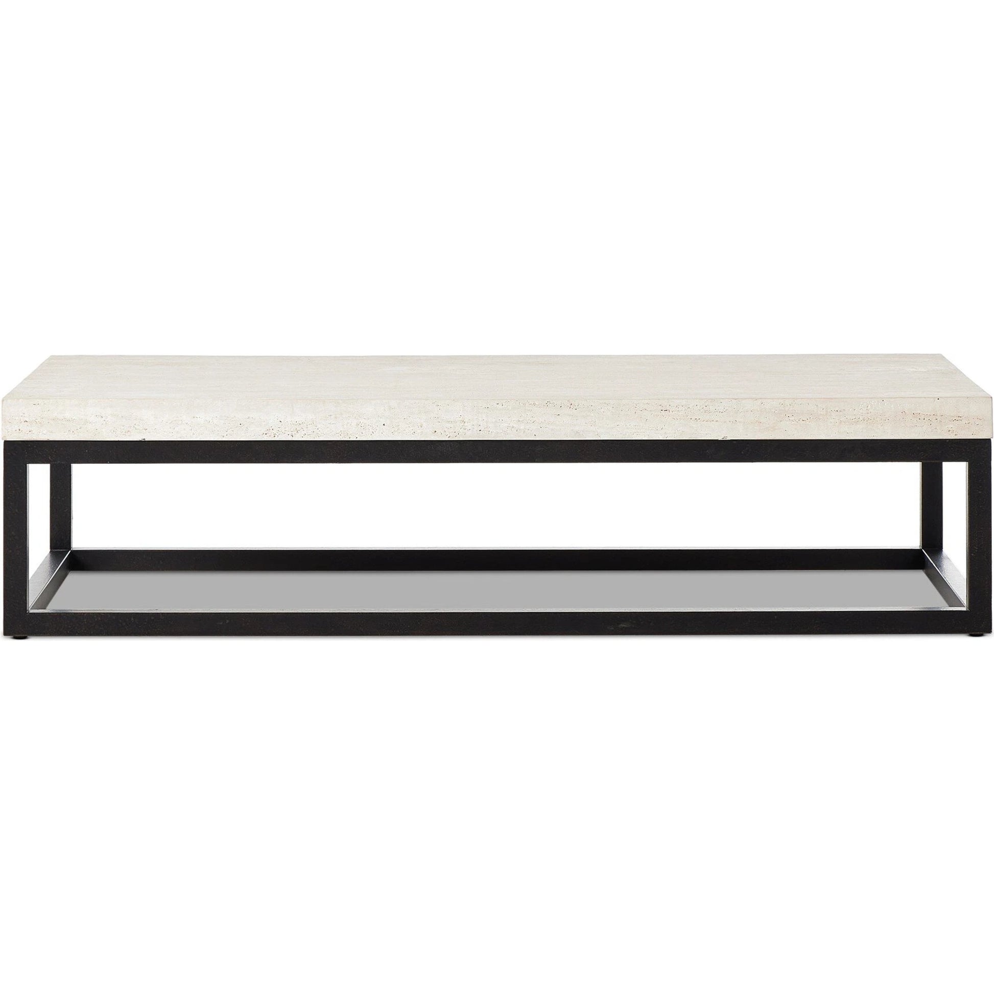 The Rectangular Coffee Table by Four Hands in travertine, bronze pebble texture. Made from solid travertine, iron in a modern style.