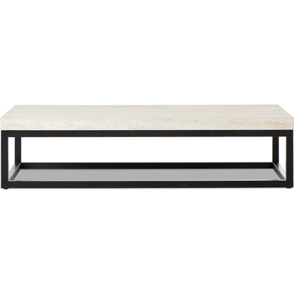 The Rectangular Coffee Table by Four Hands in travertine, bronze pebble texture. Made from solid travertine, iron in a modern style.