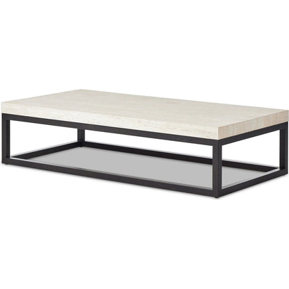 The Rectangular Coffee Table by Four Hands in travertine, bronze pebble texture. Made from solid travertine, iron in a modern style.